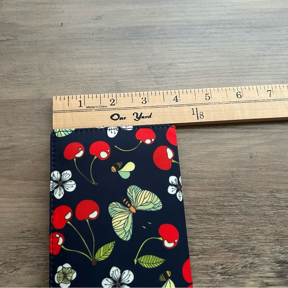 RFID Cherry Print Long Wallet Navy Floral Butterfly Card Holder - Picture 3 of 8
